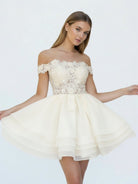 Estaline | A - Line Lace Organza Appliqued Off - the Shoulder Prom Dress - KissProm