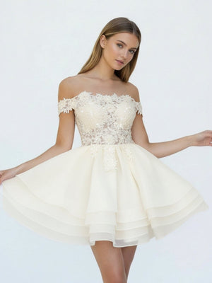 Estaline | A - Line Lace Organza Appliqued Off - the Shoulder Prom Dress - KissProm