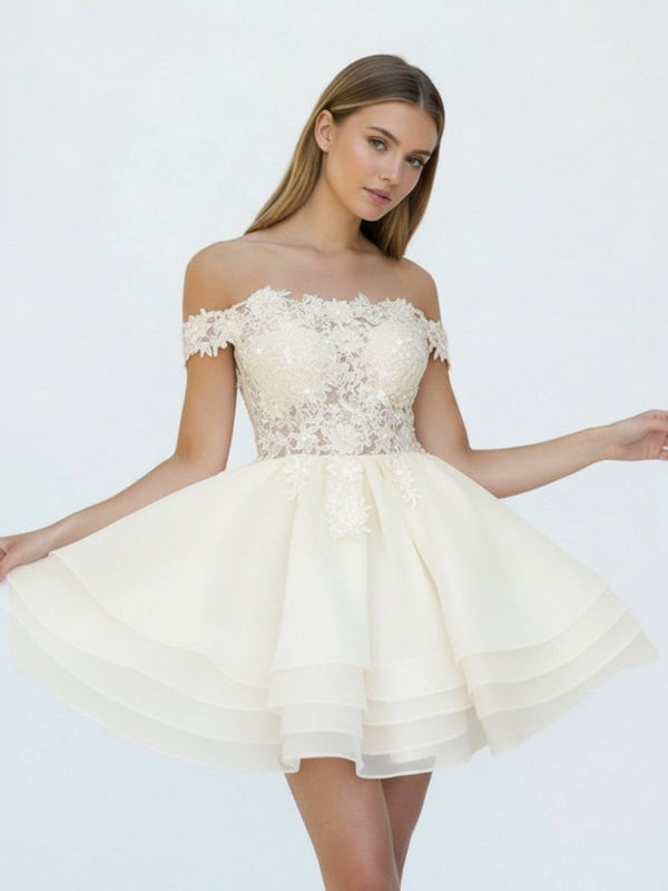 Estaline | A - Line Lace Organza Appliqued Off - the Shoulder Prom Dress - KissProm