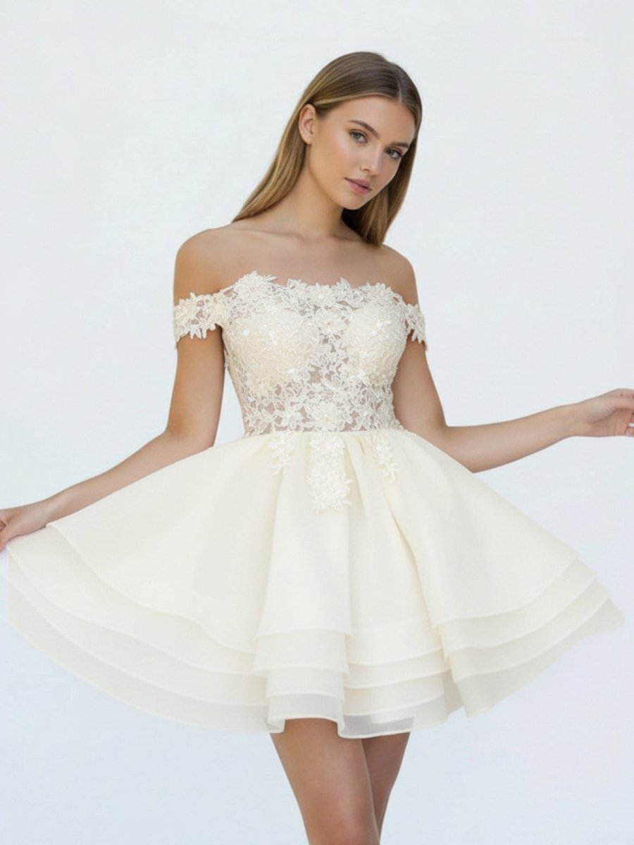 Estaline | A - Line Lace Organza Appliqued Off - the Shoulder Prom Dress - KissProm
