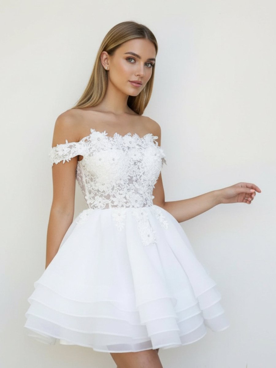 Estaline | A - Line Lace Organza Appliqued Off - the Shoulder Prom Dress - KissProm