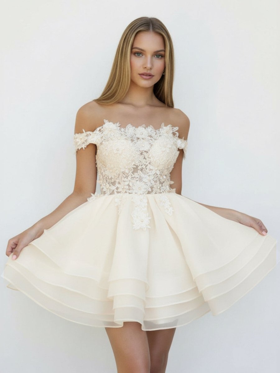 Estaline | A - Line Lace Organza Appliqued Off - the Shoulder Prom Dress - KissProm