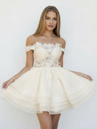 Estaline | A - Line Lace Organza Appliqued Off - the Shoulder Prom Dress - KissProm