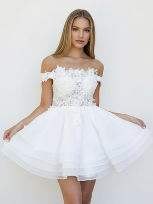 Estaline | A - Line Lace Organza Appliqued Off - the Shoulder Prom Dress - KissProm