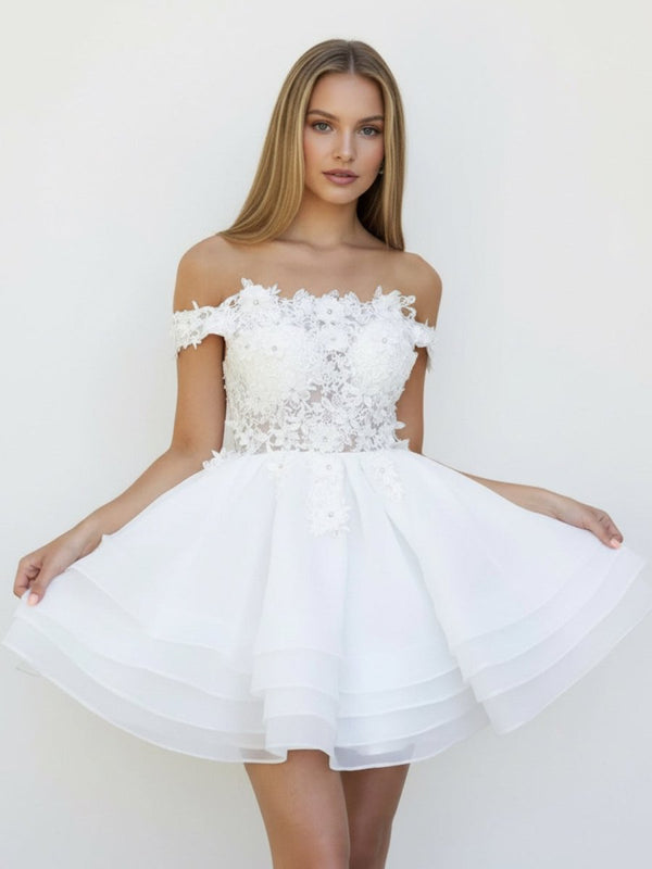 Estaline | A - Line Lace Organza Appliqued Off - the Shoulder Prom Dress - KissProm