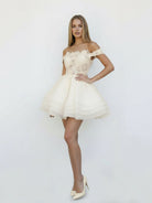 Estaline | A - Line Lace Organza Appliqued Off - the Shoulder Prom Dress - KissProm