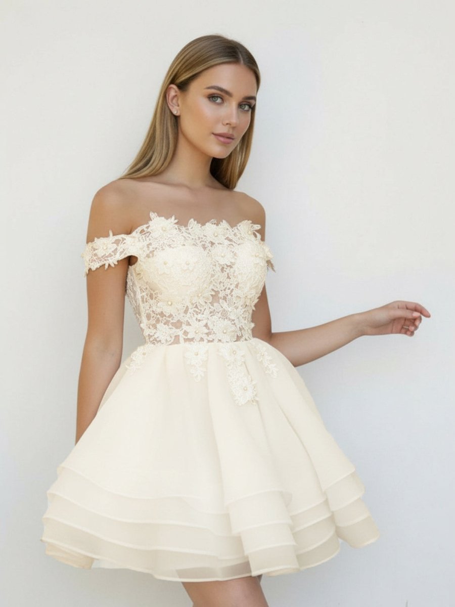 Estaline | A - Line Lace Organza Appliqued Off - the Shoulder Prom Dress - KissProm