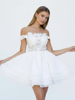 Estaline | A - Line Lace Organza Appliqued Off - the Shoulder Prom Dress - KissProm