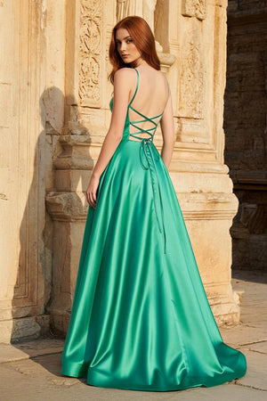 Etherea | A-Line Sweetheart Green Satin Long Prom Dresses With Slit -KissProm