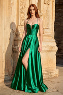 A Line Sweetheart Green Satin Long Prom Dresses with Slit - KissProm