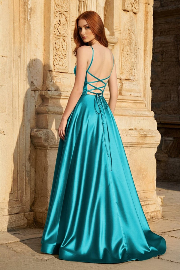 A Line Sweetheart Green Satin Long Prom Dresses with Slit - KissProm