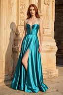 A Line Sweetheart Green Satin Long Prom Dresses with Slit - KissProm