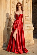 A Line Sweetheart Green Satin Long Prom Dresses with Slit - KissProm