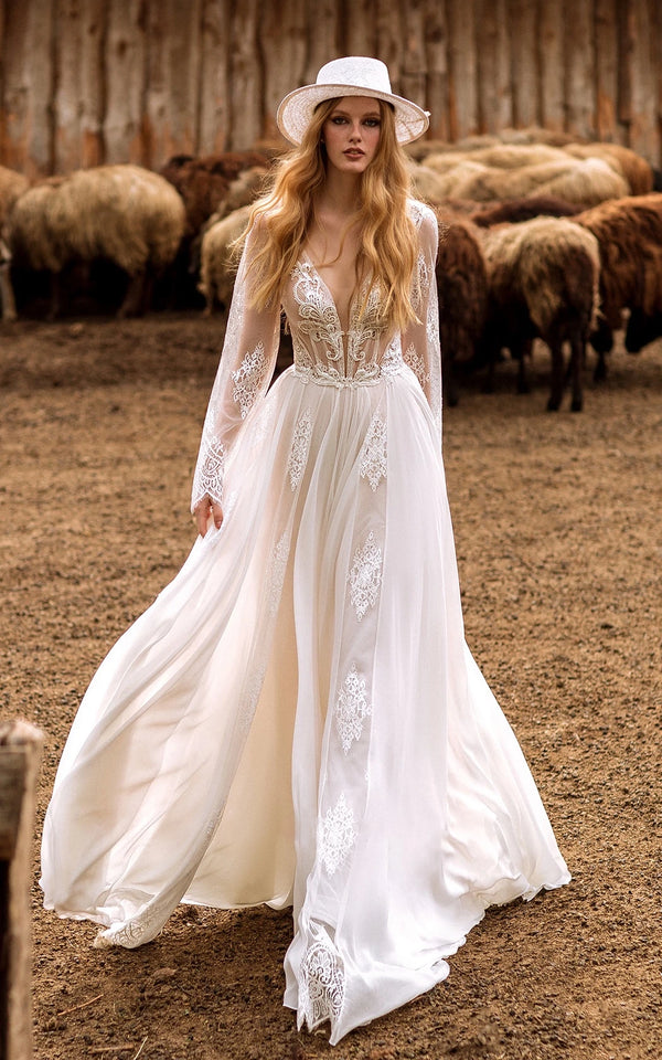 Calista | A-Line Boho Lace Wedding Dress with Sleeves Plunging Neckline Sweep Train
