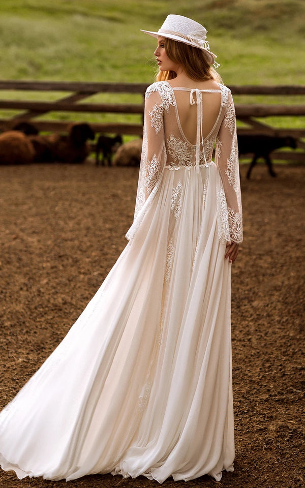 Calista | A-Line Boho Lace Wedding Dress with Sleeves Plunging Neckline Sweep Train
