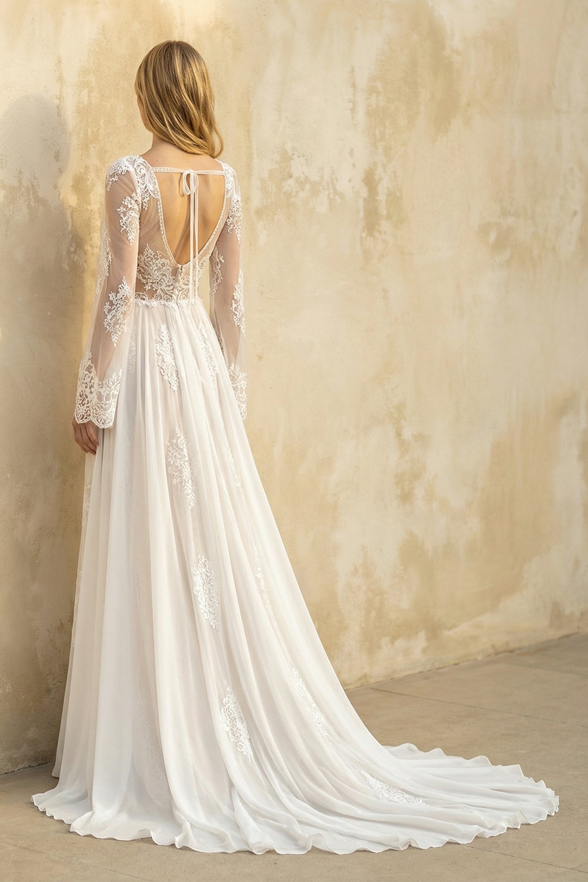 A-Line Boho Lace Wedding Dress with Sleeves Plunging Neckline Sweep Tr A-Line Boho Lace Wedding Dress with Sleeves Plunging Neckline Sweep Tr