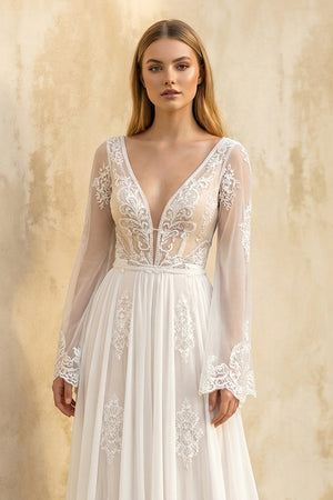 KissProm A-Line Boho Lace Wedding Dress with Sleeves Plunging Neckline Sweep Train, White-Nude / 4