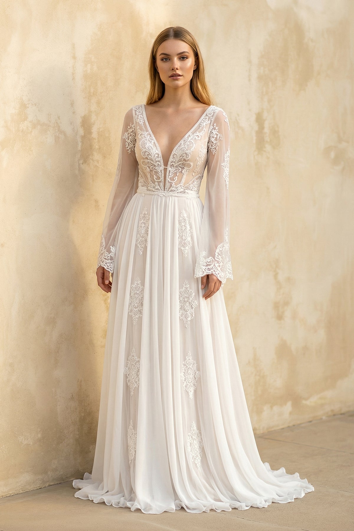 KissProm A-Line Boho Lace Wedding Dress with Sleeves Plunging Neckline Sweep Train, White-Nude / 4