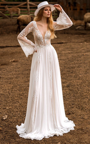 Calista | A-Line Boho Lace Wedding Dress with Sleeves Plunging Neckline Sweep Train