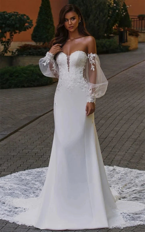 Ramina | Ethereal Mermaid Plunging Neck Chiffon Tulle Wedding Dress with Appliques