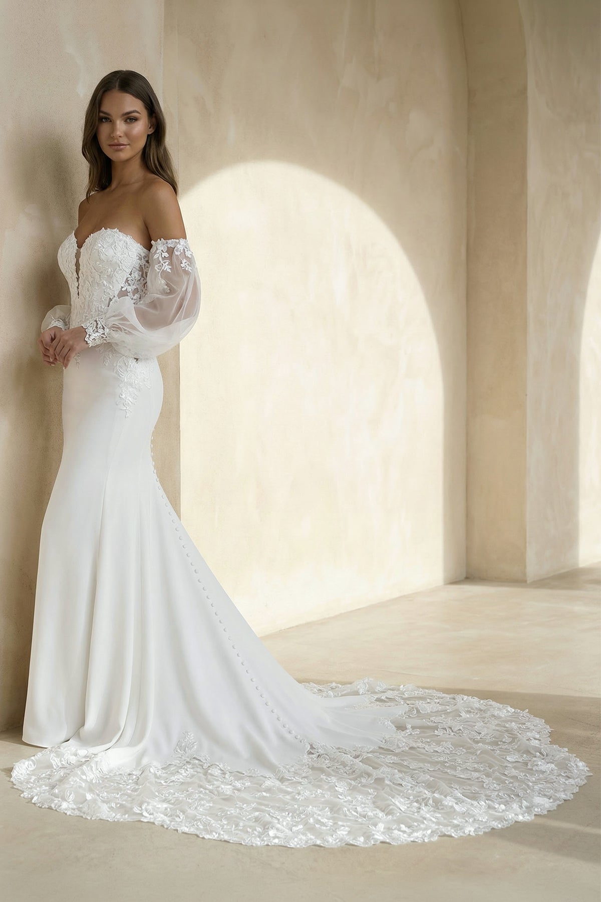KissProm Ethereal Mermaid Plunging Neck Chiffon Tulle Wedding Dress with Appliques, Diamond White / 6