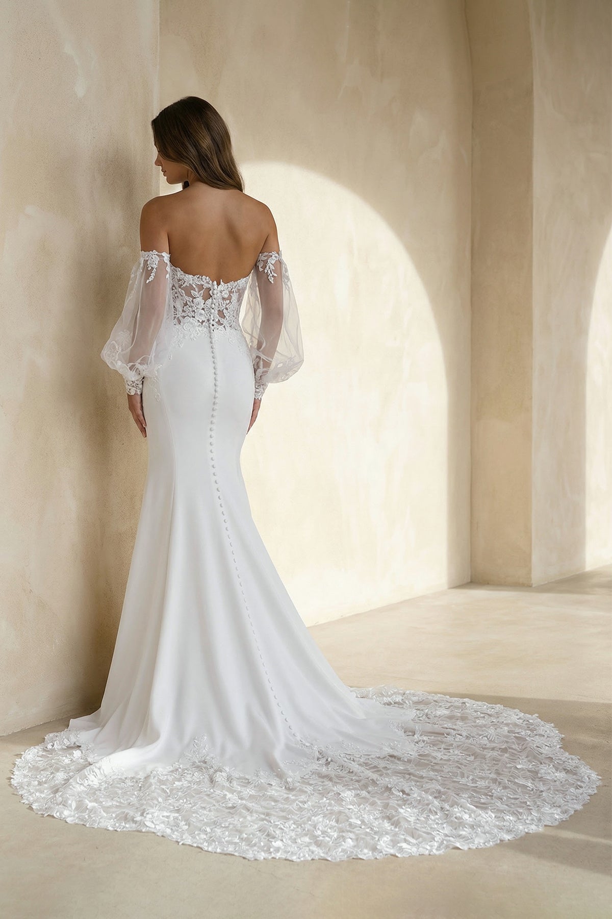 KissProm Ethereal Mermaid Plunging Neck Chiffon Tulle Wedding Dress with Appliques, Diamond White / 6