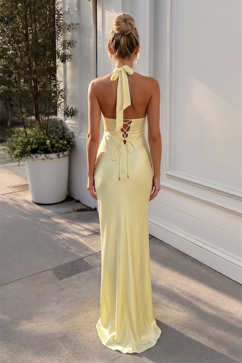 Eufeme | Yellow - Halter Sheath Satin Long Prom Dresses With Cutout - KissProm