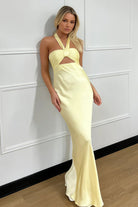 Eufeme | Yellow - Halter Sheath Satin Long Prom Dresses With Cutout - KissProm