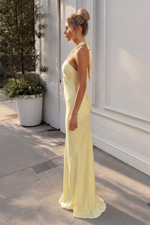Eufeme | Yellow - Halter Sheath Satin Long Prom Dresses With Cutout - KissProm