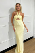 Eufeme | Yellow - Halter Sheath Satin Long Prom Dresses With Cutout - KissProm