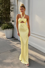 Eufeme | Yellow - Halter Sheath Satin Long Prom Dresses With Cutout - KissProm