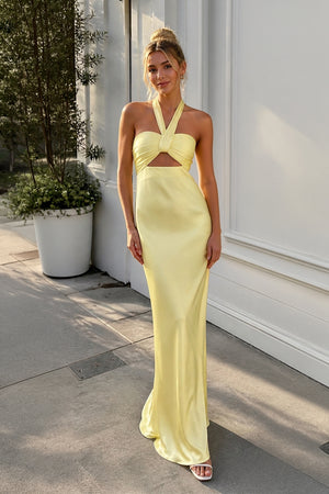 Eufeme | Yellow - Halter Sheath Satin Long Prom Dresses With Cutout - KissProm