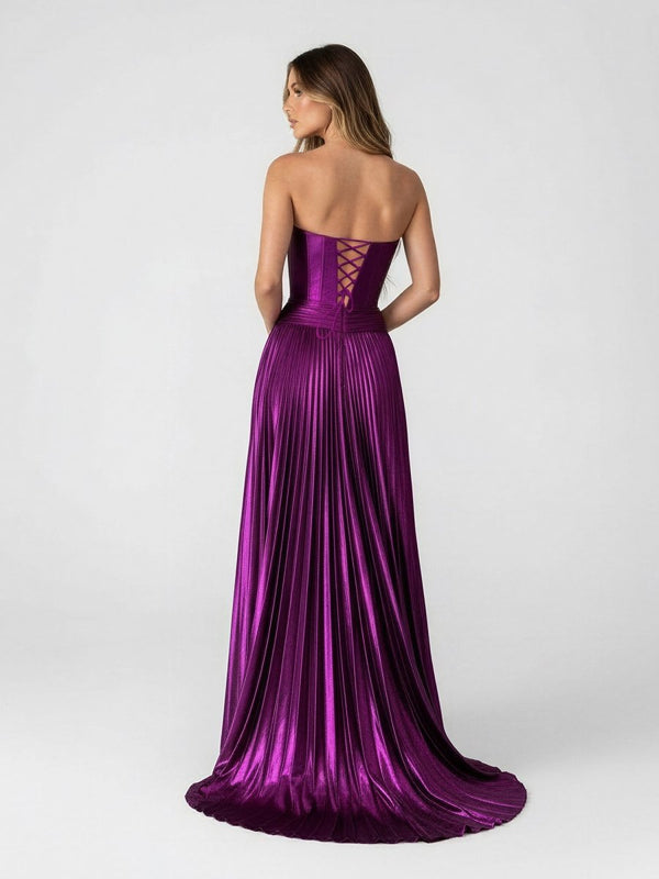 A Line Strapless Purple Pleated Metallic Long Prom Dress with Slit - KissProm