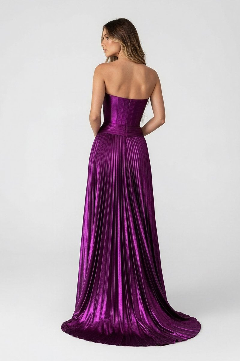 Eunice | A Line Strapless Purple Pleated Metallic Long Prom Dress with Slit - KissProm