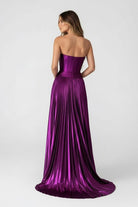 Eunice | A Line Strapless Purple Pleated Metallic Long Prom Dress with Slit - KissProm