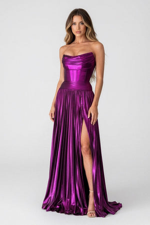Eunice | A Line Strapless Purple Pleated Metallic Long Prom Dress with Slit - KissProm