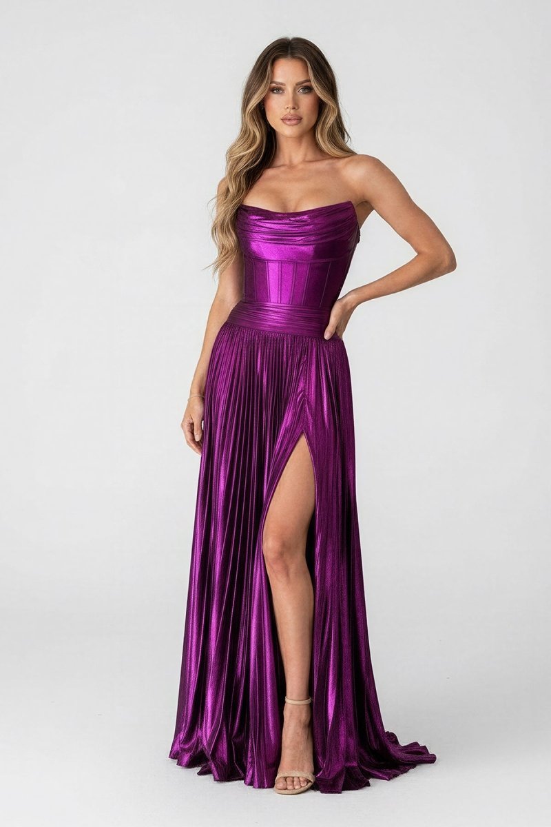 open lace back dress A Line Strapless Purple Pleated Metallic Long Prom Dress with Slit, Purple / 2