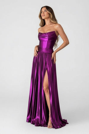 Eunice | A Line Strapless Purple Pleated Metallic Long Prom Dress with Slit - KissProm