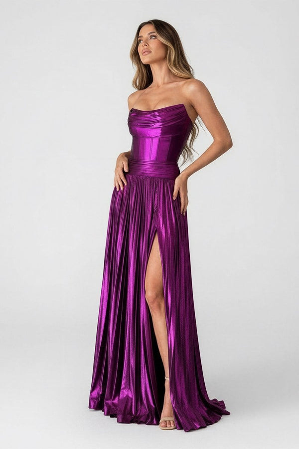 Eunice | A Line Strapless Purple Pleated Metallic Long Prom Dress with Slit - KissProm
