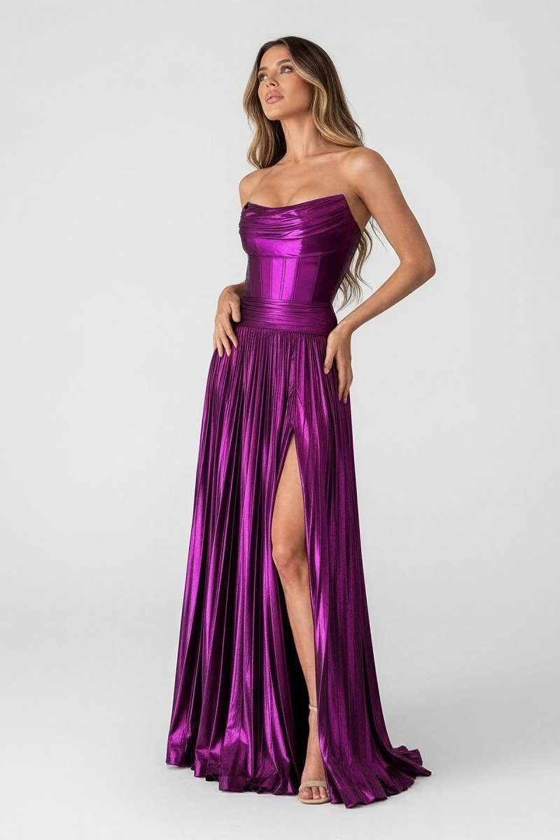 purple strapless bridesmaid dresses A Line Strapless Purple Pleated Metallic Long Prom Dress with Slit, Purple / 10