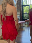 Evadira | Red - Sheath Chiffon Strapless Ruffled Short Homecoming Dresses
