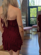 Evadira | Red - Sheath Chiffon Strapless Ruffled Short Homecoming Dresses