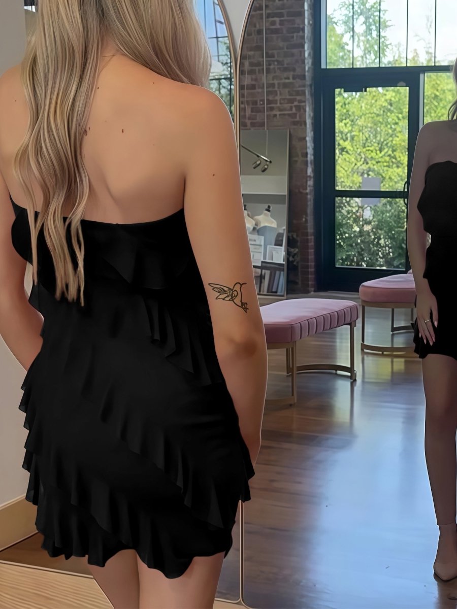 Evadira | Red - Sheath Chiffon Strapless Ruffled Short Homecoming Dresses