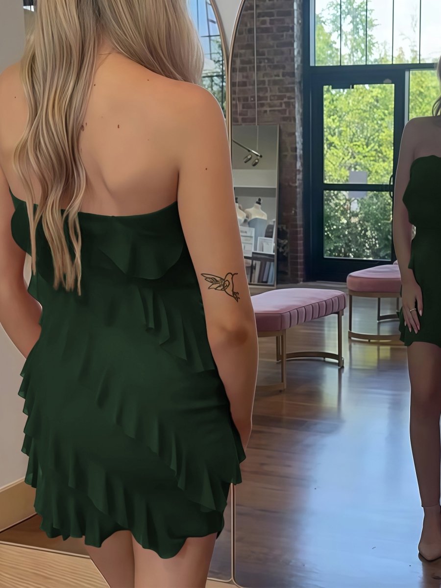 Evadira | Red - Sheath Chiffon Strapless Ruffled Short Homecoming Dresses