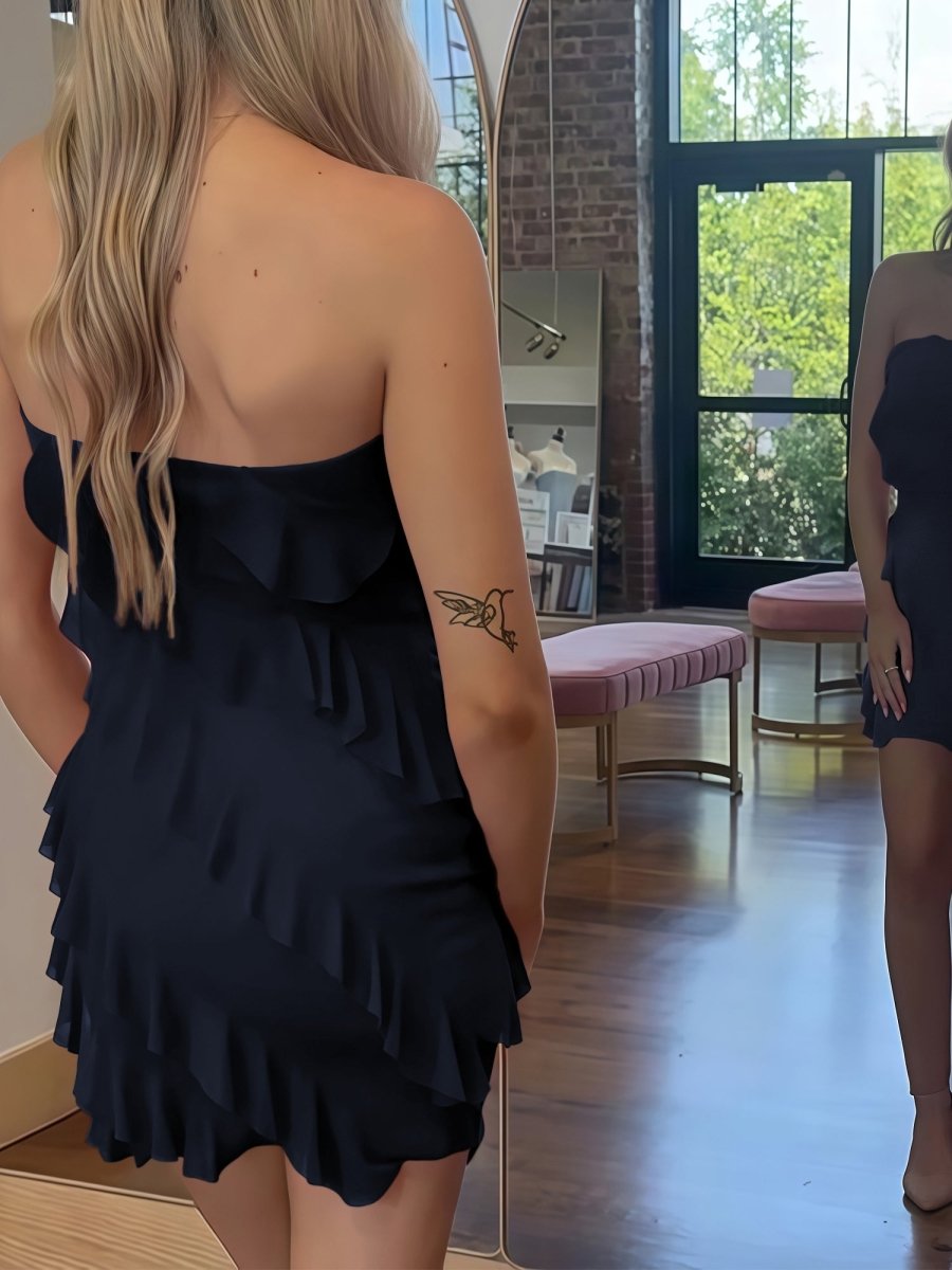 Evadira | Red - Sheath Chiffon Strapless Ruffled Short Homecoming Dresses