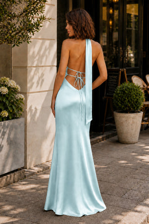 Aqua Halter Deep V Neck Satin Sheath Backless Long Prom Dresses-KissProm