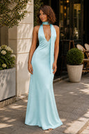 Aqua Halter Deep V Neck Satin Sheath Backless Long Prom Dresses-KissProm