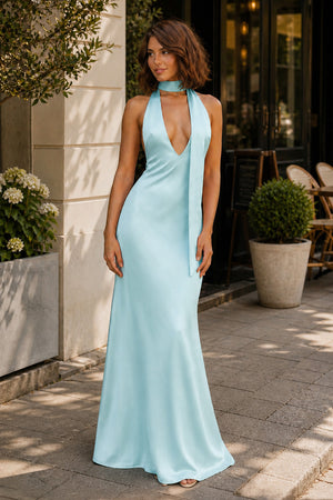 Aqua Halter Deep V Neck Satin Sheath Backless Long Prom Dresses-KissProm