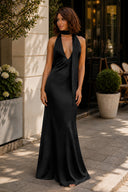 Black Halter Deep V Neck Satin Sheath Backless Long Prom Dresses-KissProm