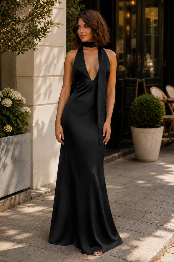 Black Halter Deep V Neck Satin Sheath Backless Long Prom Dresses-KissProm